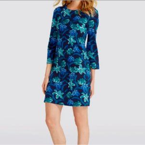 Draper James Nassau Blue Floral Knit Dress 3/4 Sleeves Sheath